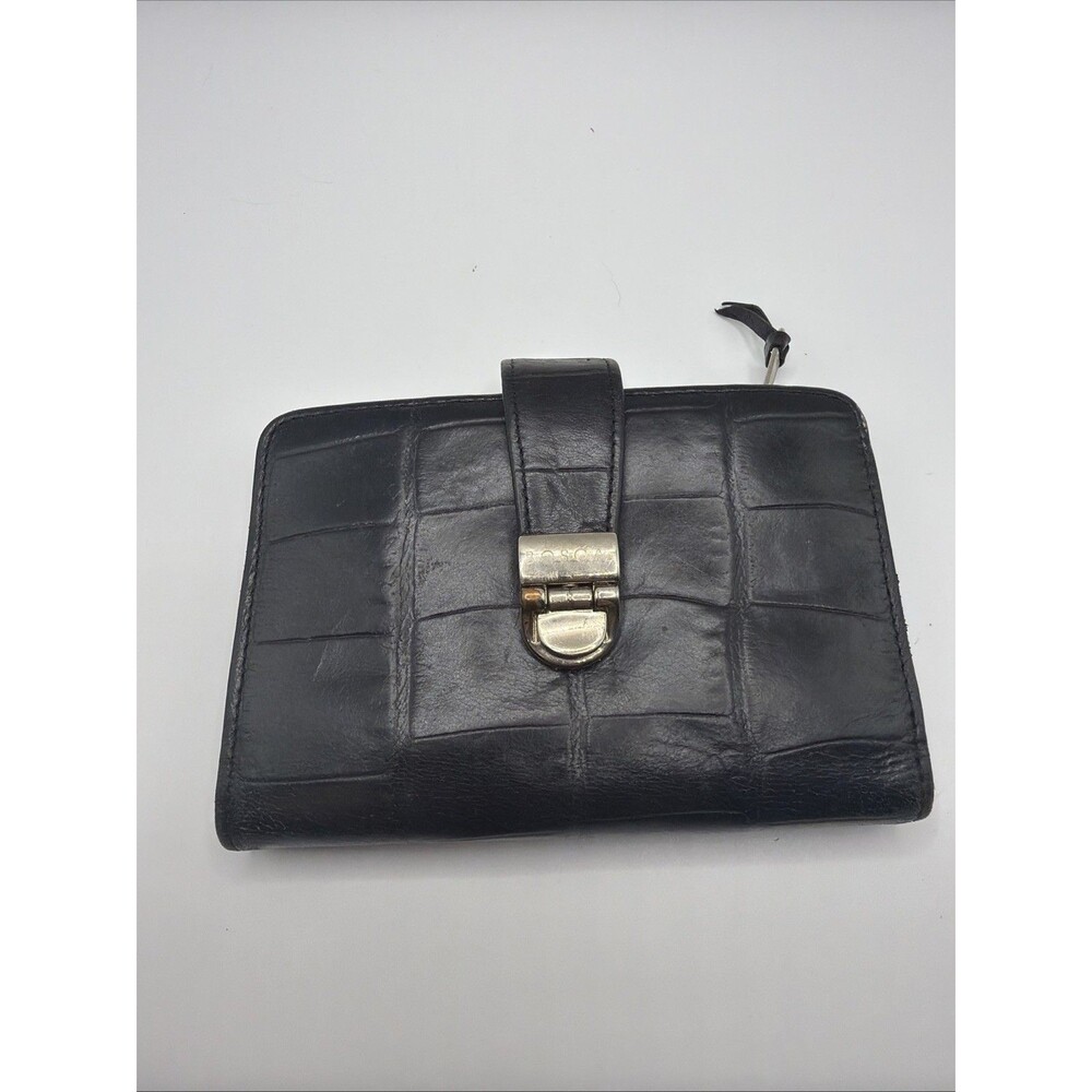 Bosca Black Credit Card Wallet Croc Embossed Leather Snap Clasp Closure Vintage